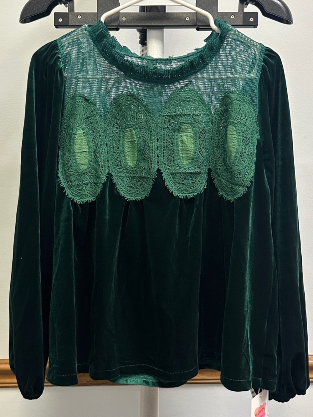 Emerald Green Velvet Lace Yoke Blouse